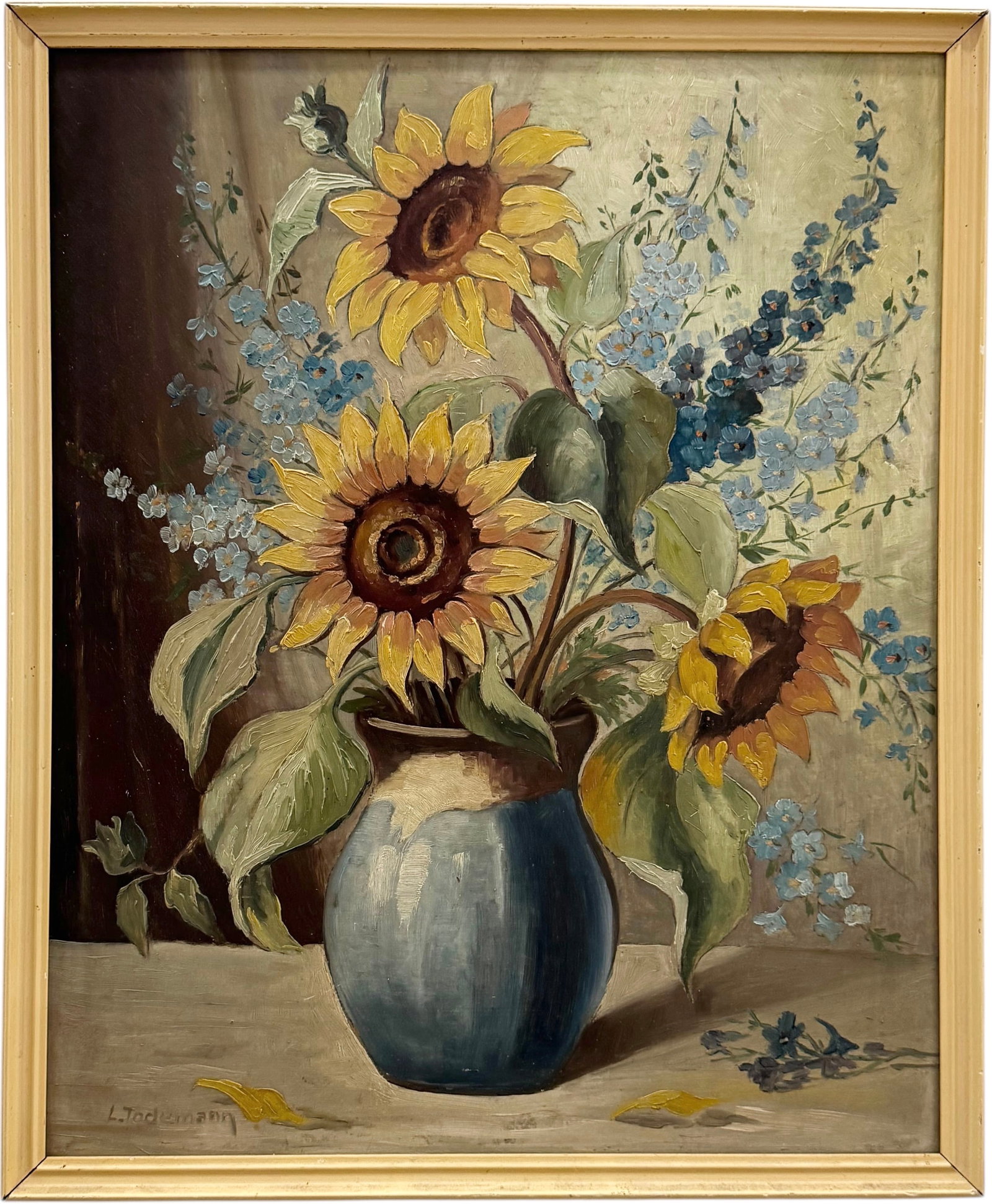 Vintage American School Still Life Of Sunflowers Signed: Oil on board 20.5 x 17 in. Domestic Flat Shipping Price: $55