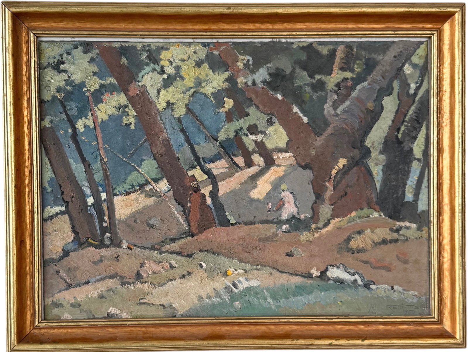 RENI-MEL (1893-1984, French American) Forest Scene With Native American Figures: Oil on board 18 x 13 in, 21 x 15.5 in (framed). Domestic Flat Shipping Price:$70