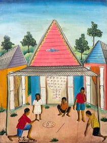 Vintage Haitian School Primitive Village Scene "Marble Game"