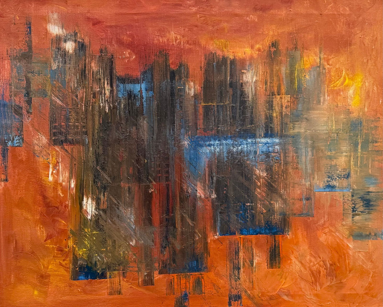 Mid-Century Modern Abstract Expressionist Cityscape Oil On Canvas (1 of 2)