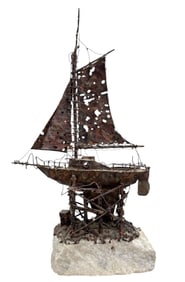 Mid-Century Brutalist Copper Ship Sculpture On Stone Base Signed