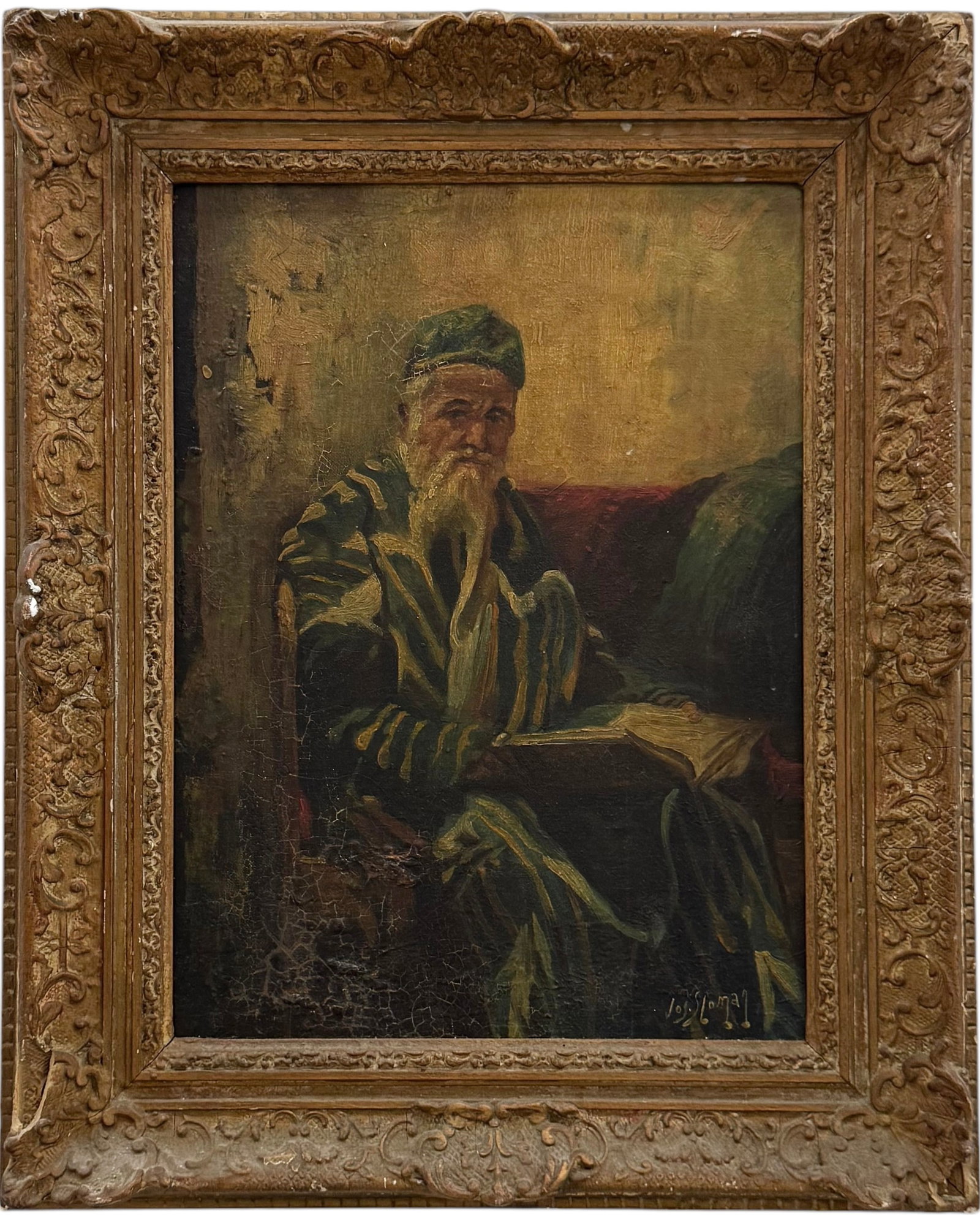 JOSEPH SLOMAN (20th c, American) Portrait Of A Rabbi, Nice Frame: Oil on board 16 x 12 in, 21 1/4 x 17 1/4 in (framed). Domestic Flat Shipping Price: $90