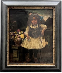 Early 20th Century Mexican School Portrait Of A Young Girl With Flowers, Signed