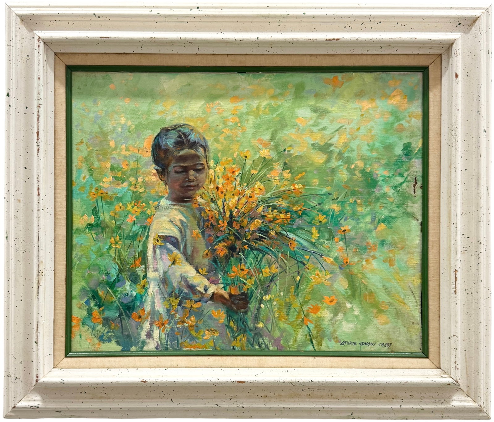 LAURIE SNOW CASEY (20th c, American) Gil With Flowers: Oil on canvas 20 x 16 in, 27.5 x 23.5 in (framed). Domestic Flat Shipping Price:$70