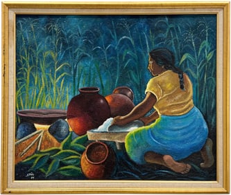 Vintage Cuban School Oil On Canvas Woman Making Sugar Signed Solis