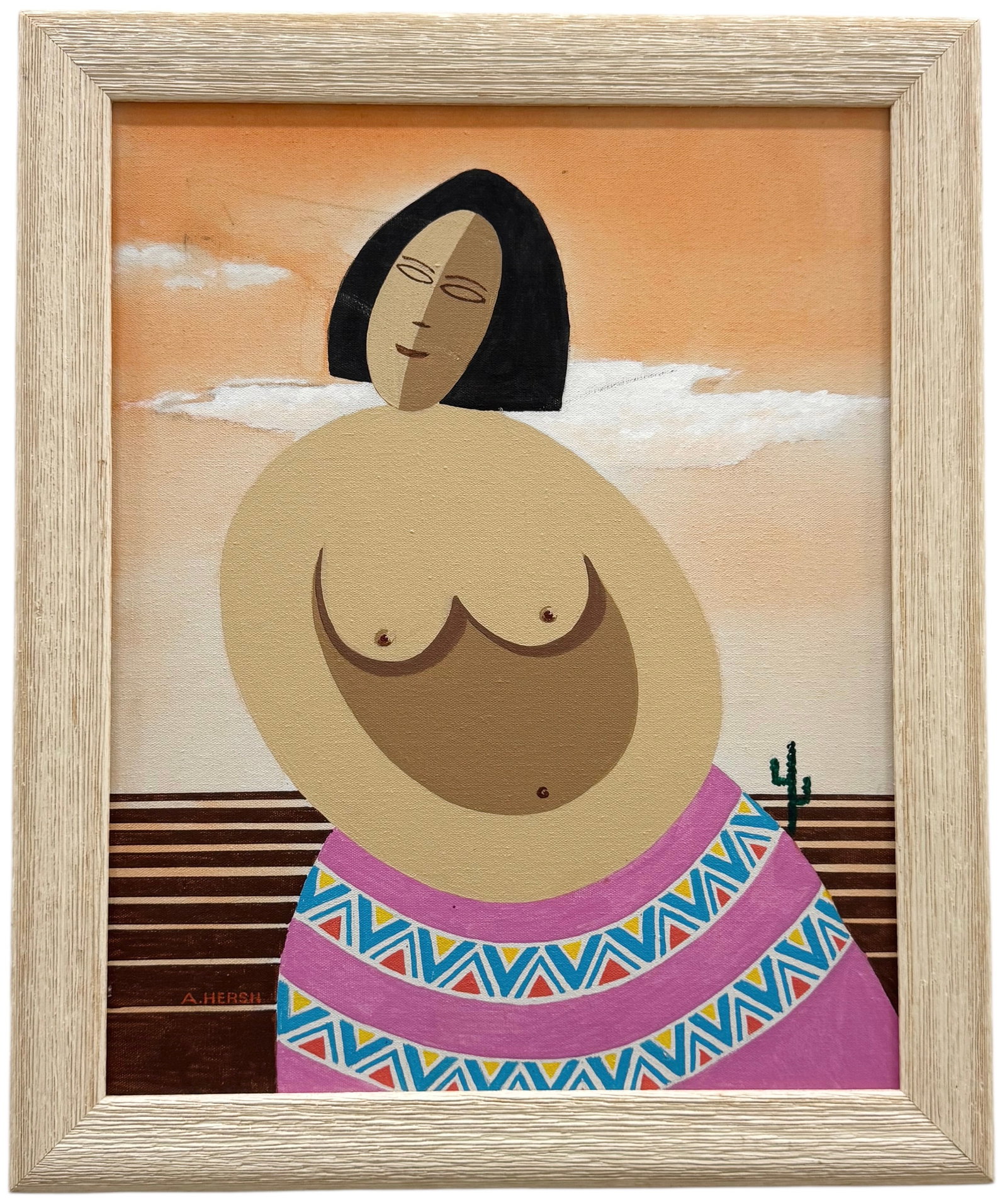 Southwestern Cubist Nude Oil Painting Signed: Oil on canvas 20 x 16 in, 23.5 x 19.5 in. Domestic Flat Shipping Price:$70