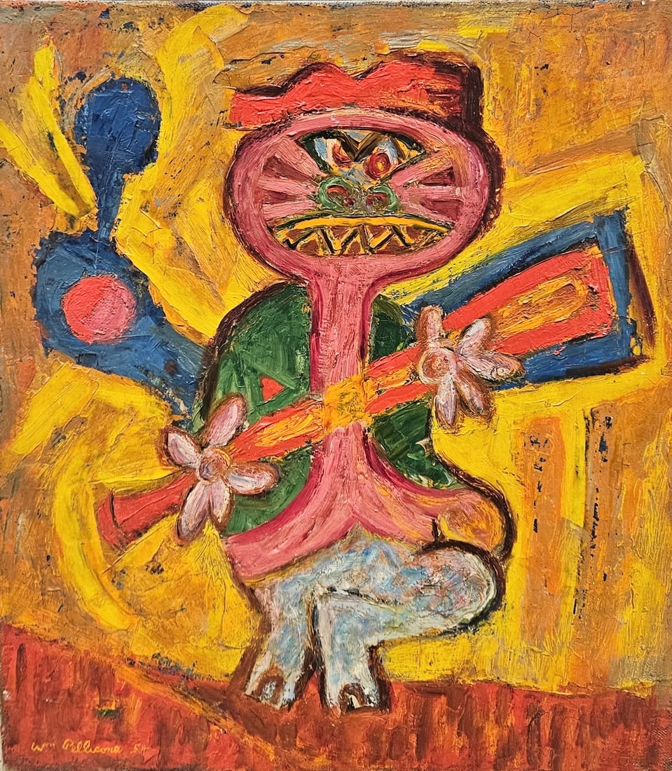 WILLIAM PELLICONE (20th c, American) Mid-Century Surrealist: Oil on canvas 16 x 18 in. This item is located in out New Jersey gallery. Domestic Flat Shipping Price:$55