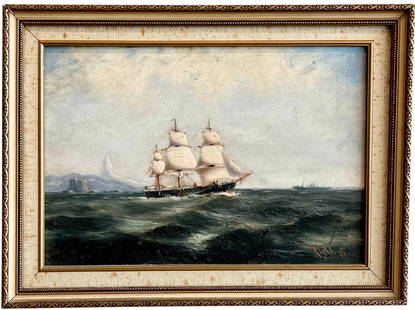 19th Century English School Nautical Seascape With Clipper Ship Signed: Oil on canvas 12 x 17.5 in, 15.5 x 21 in. Domestic Flat Shipping Price: $65