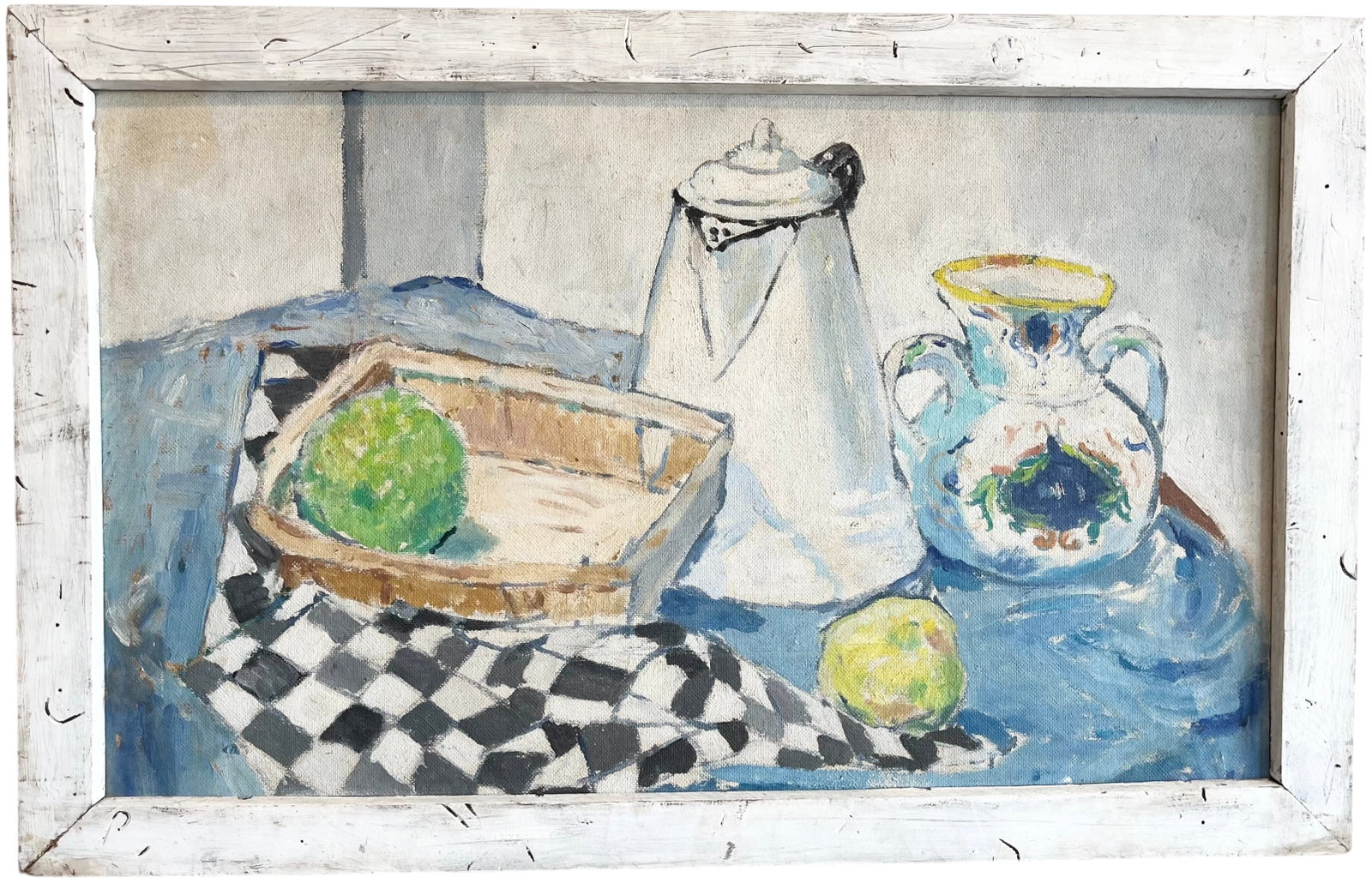 Mid-Century Still Life Oil On Masonite: Oil on masonite 35 x 21 in, 39.5 x 25 in (framed). This item is located in our New Jersey gallery and will be picked up or shipped from there. Domestic Flat Shipping Price:$90