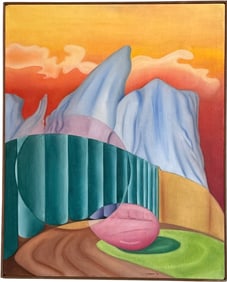 Mid-Century Surrealist Landscape With Glaciers, Signed Oil On Canvas