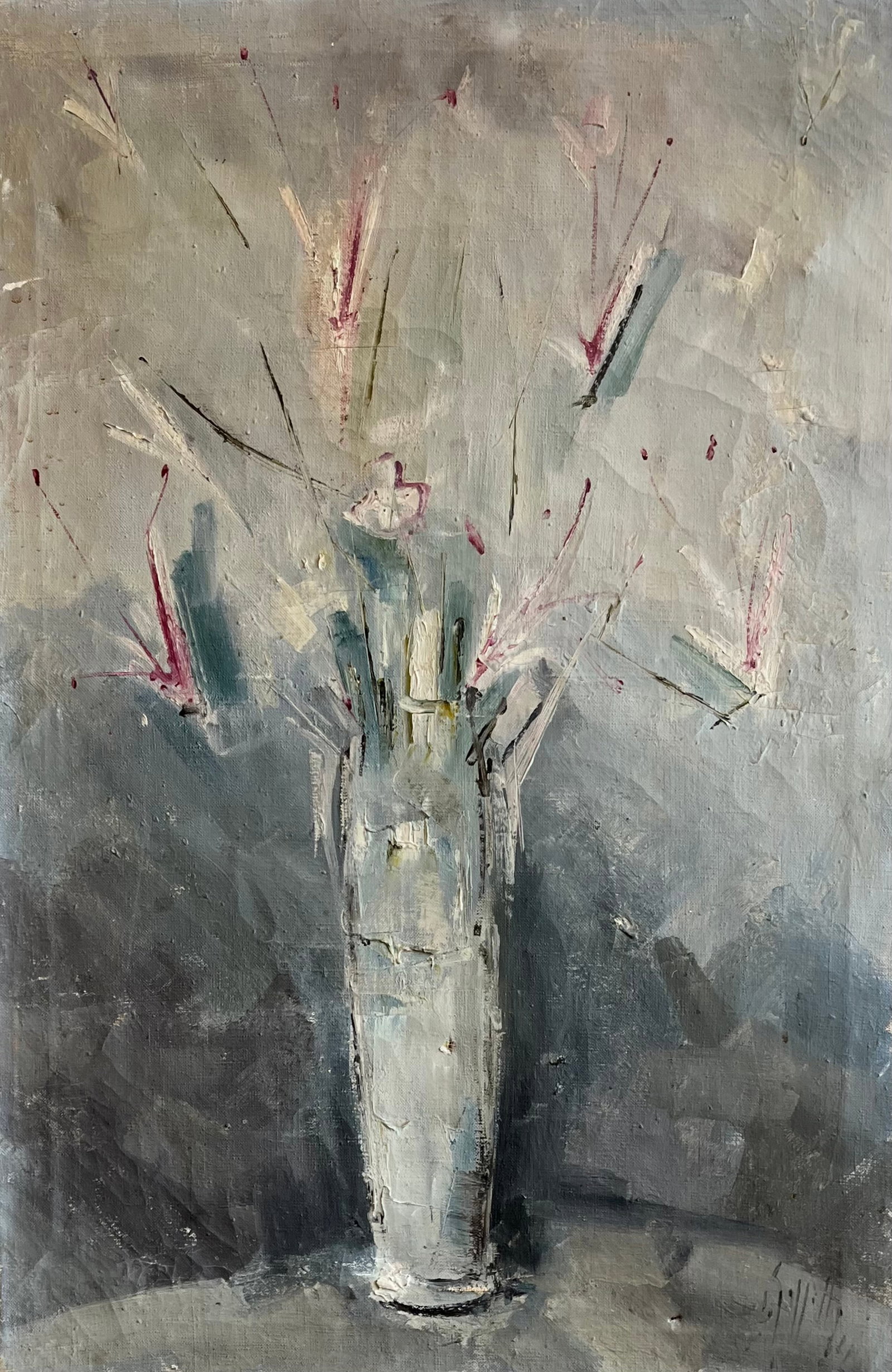 Mid-Century American School Still Life Of Flowers Illegibly Signed: Oil on canvas 36 x 24 in. Shipped or picked up from our New Jersey gallery. Signed lower right and appears to be dated 1964. Domestic Flat Shipping Price:$90