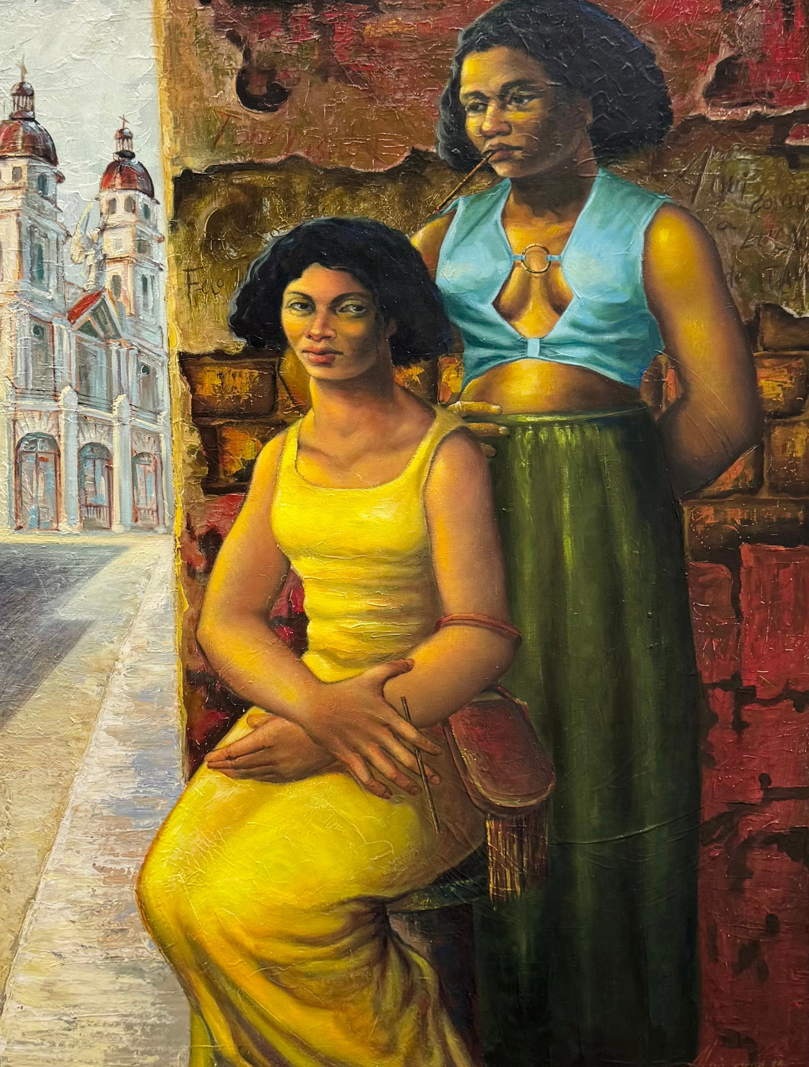 ALEXIS SANCHEZ (20th c, Cuban) Street Scene With Two Women: Oil on canvas 37 x 28 in. Domestic Flat Shipping Price: $90