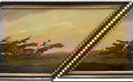 19th Century English School Racehorses With Jockeys Oil On Panel