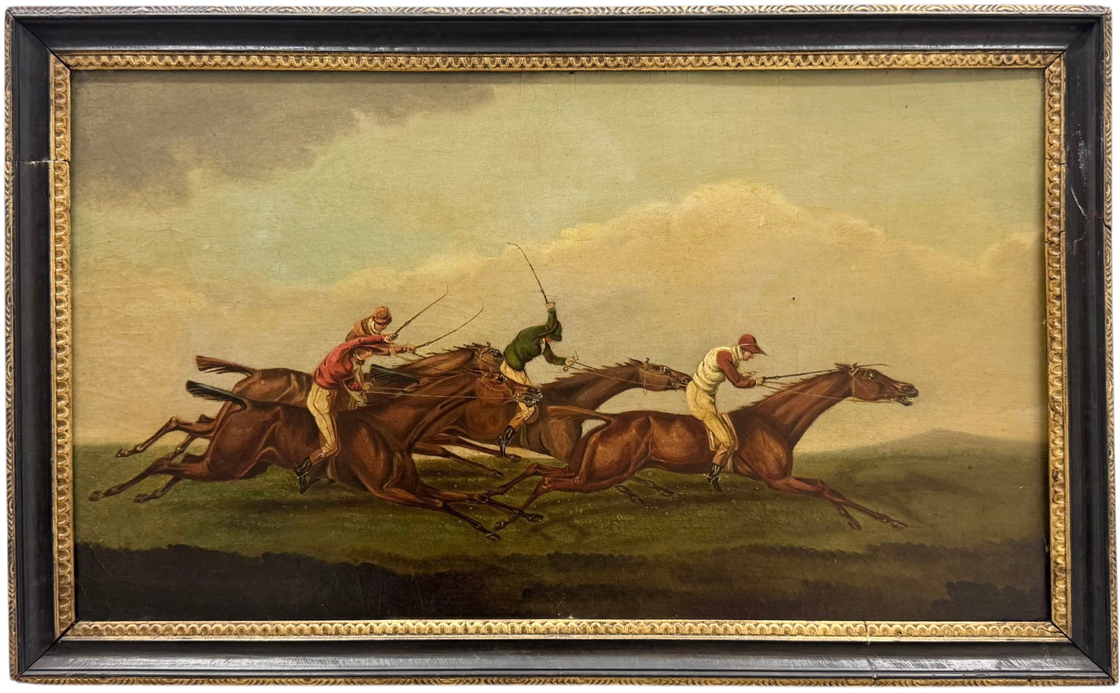 19th Century English School Racehorses With Jockeys Oil On Panel: Oil painting on panel 23 7/8 x 13 1/2 in, 25 3/4 x 15 5/8 in (framed). Domestic Flat Shipping Price: $80