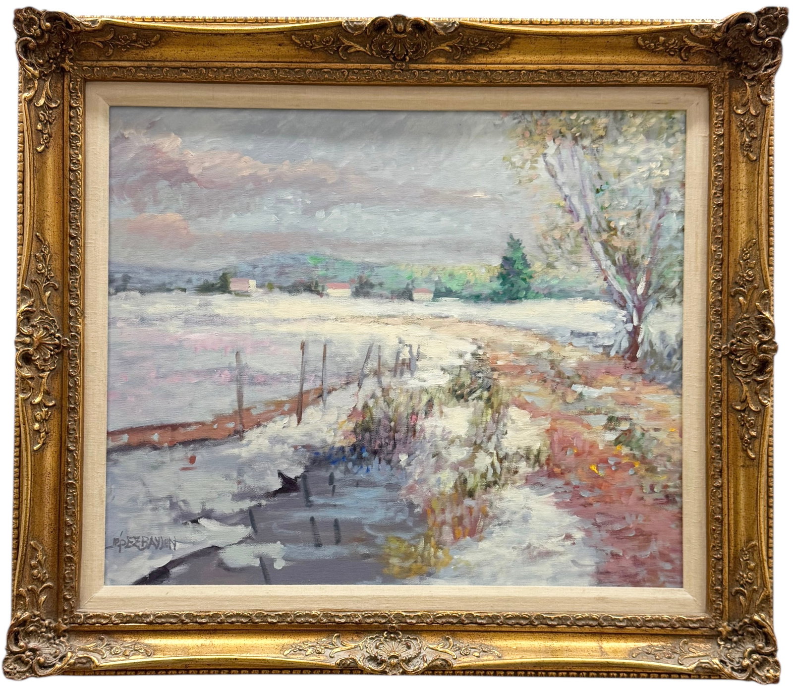 LISANDRO BAYLON (b 1951, Argentina) Snowy Impressionist Landscape: Oil on canvas 24 x 20 in, 30.5 x 26.5 in (framed). Domestic Flat Shipping Price: $90