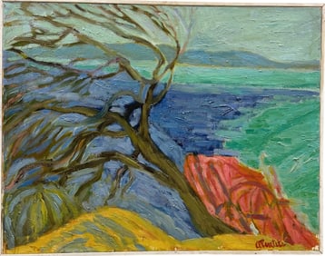 European School Fauvist Modern Landscape With Lake Signed Illegibly