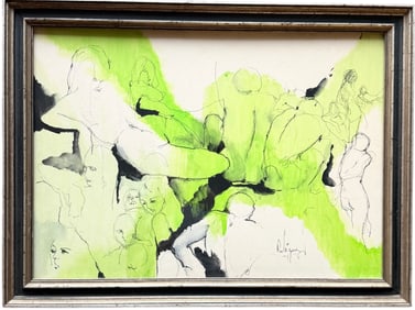 Mid-Century French School Ink & Watercolor Abstract With Figures ,Signed