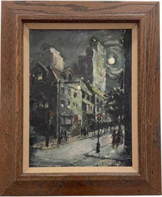 Early 20th Century American Impressionist Ashcan School Moonlit City Scene Signed