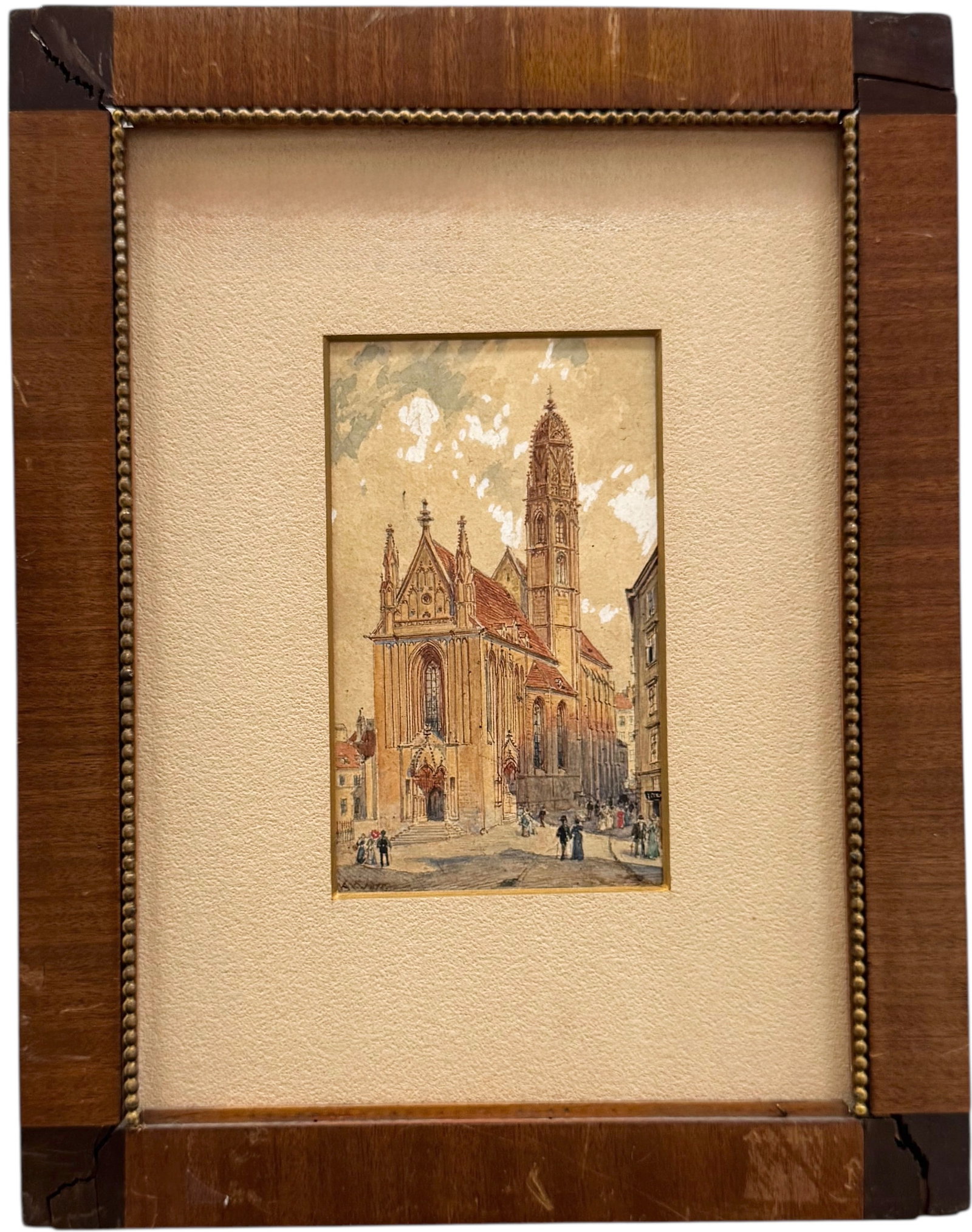 LADISLAUS EUGEN PETROVITS (1839-1907, Austrian) Maria am Gestade Vienna: Watercolor 5 5/8 x 3 3/8 in, 12 x 9.5 in (framed). Domestic Flat Shipping Price: $45