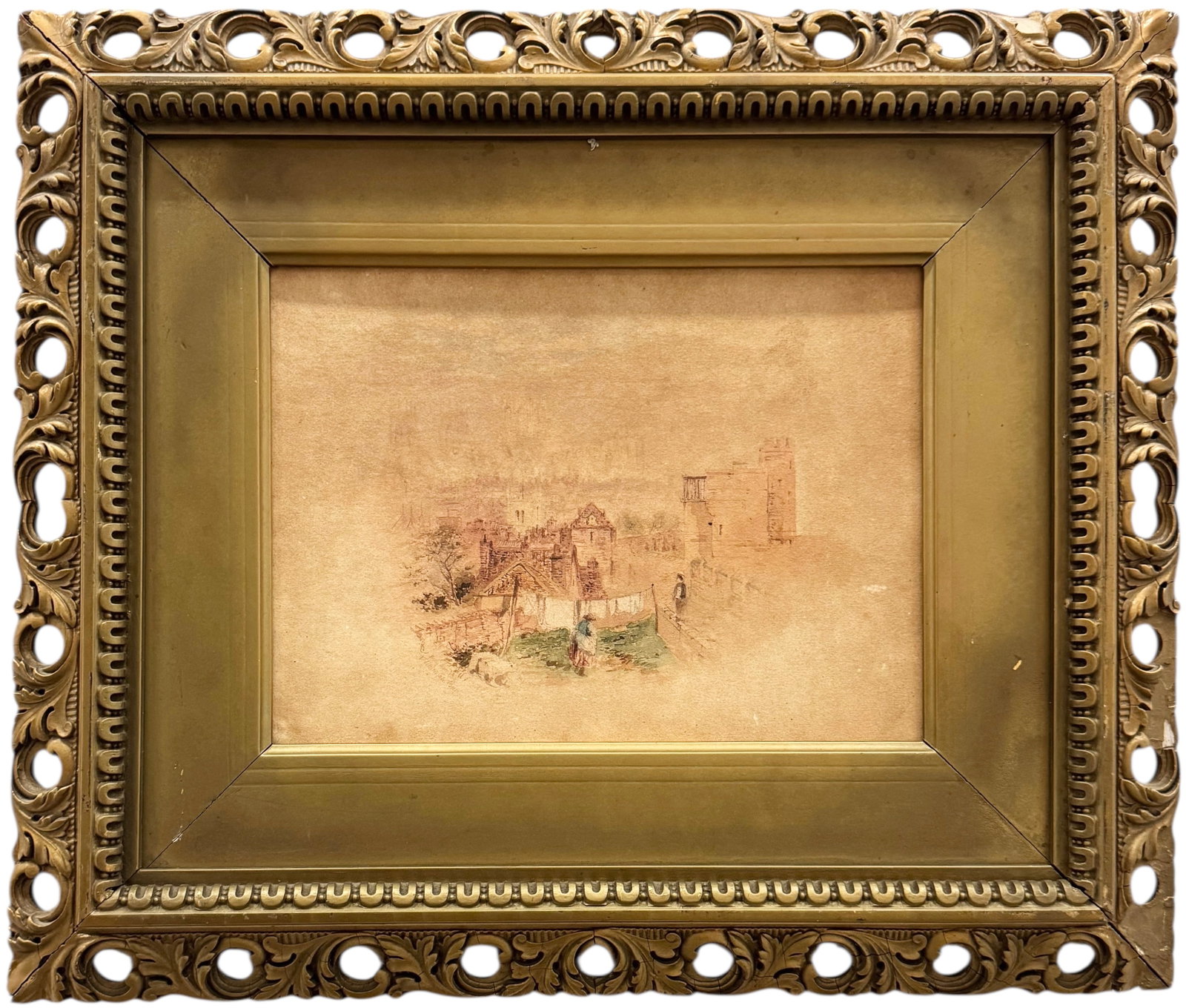 19th Century Italian School Watercolor Of A Village Signed: 10 1/2 x 8 in, 19 x 16 in (framed). Domestic Flat Shipping Price: $55