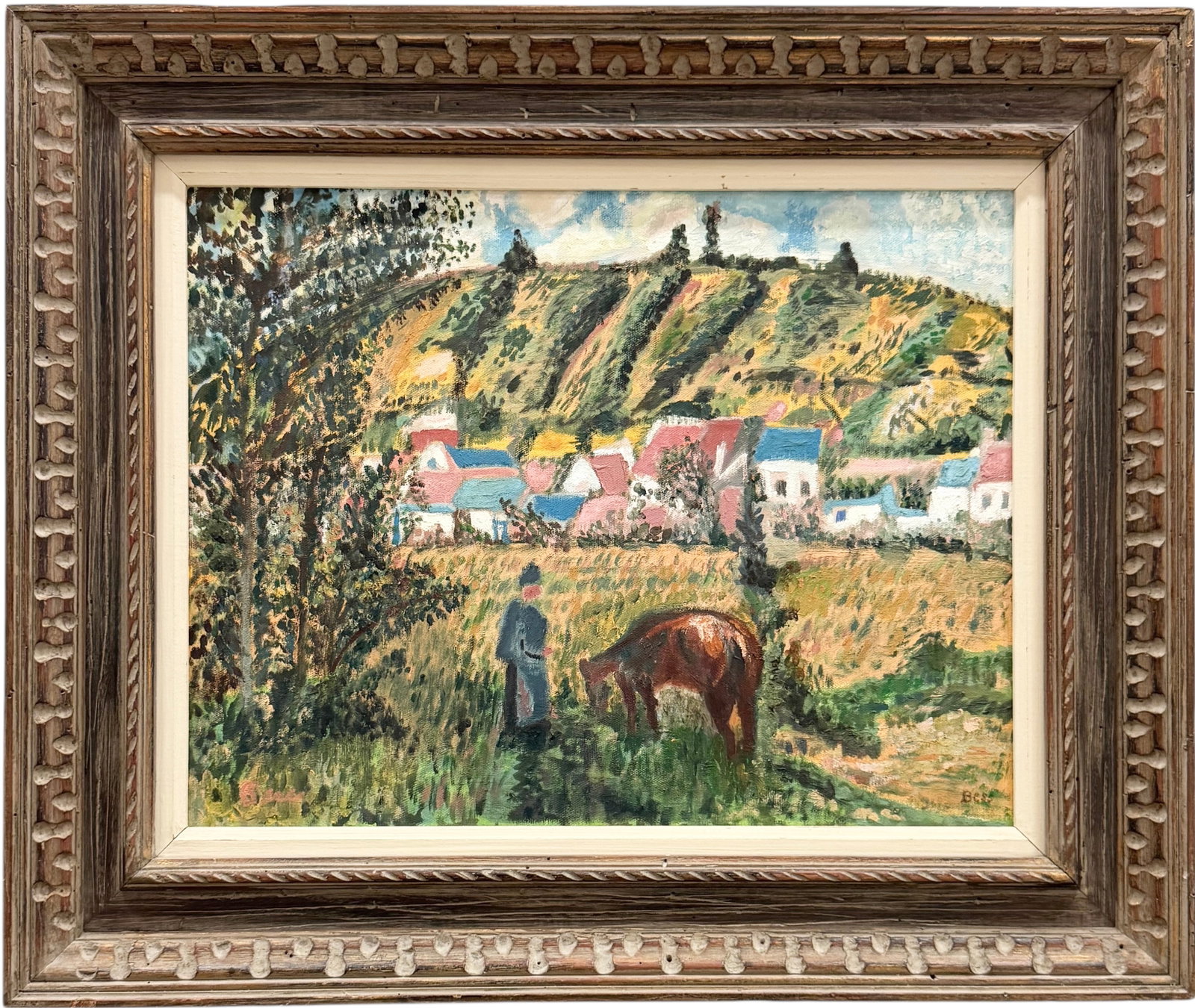 American School Fauvist Landscape With Houses Signed Bess: Oil on canvas 18 x 14 in, 24 1/4 x 20 1/4 in (framed). Domestic Flat Shipping Price: $70