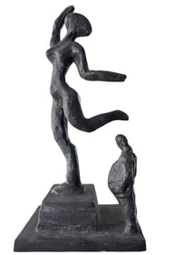 Early American WPA Style Bronze Sculpture Of A Nude Dancer With Figure Watching 15.5"