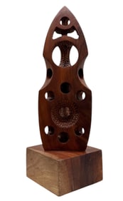 Contemporary Carved Wood Geometric Abstract Sculpture Signed