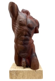 Carved Wood Male Nude Torso Sculpture On Marble Base Signed