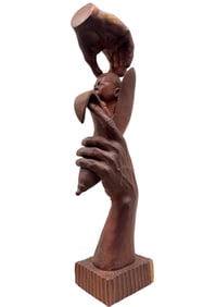 Large Cuban School Carved Wood Surrealist Sculpture Baby In Banana Signed