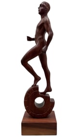 Carved Wood Sculpture Nude Man Walking On Gear Signed
