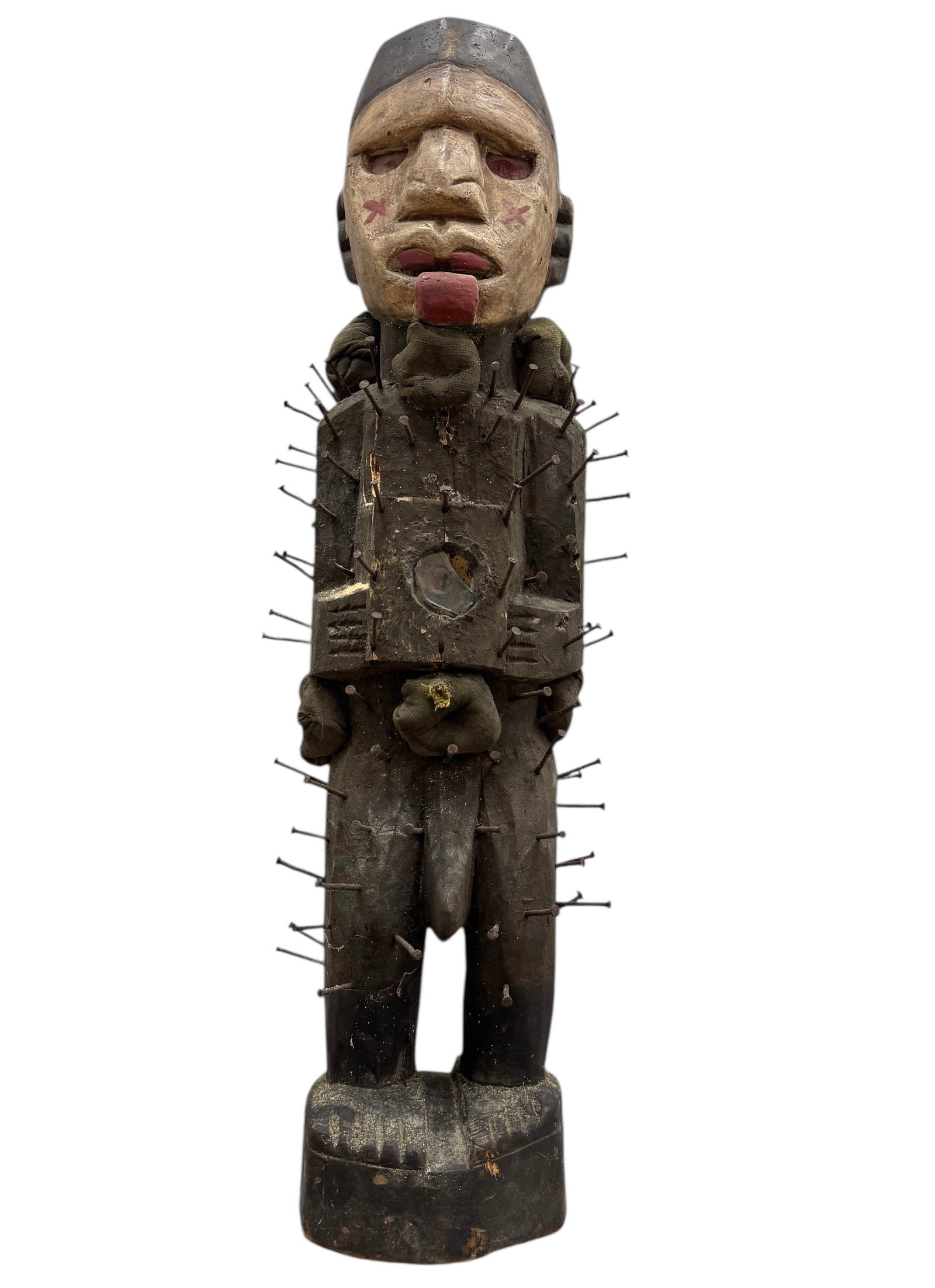 Carved Wooden African Fetish Nail Sculpture: 35 x 6 x 6 in