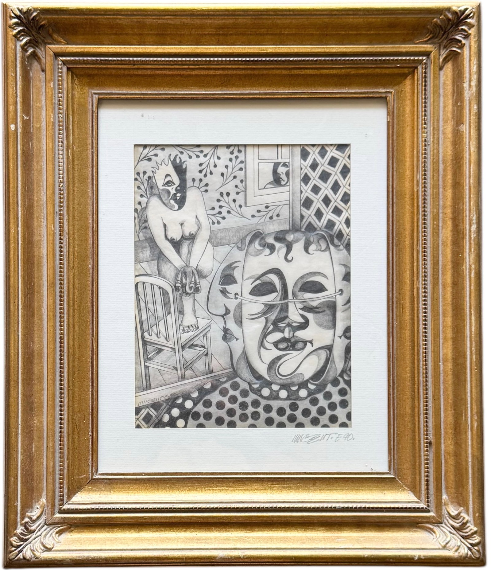 VINCENTE NOTARILE (20th c, American) Cubist Drawing "Peeping Toms": Graphite on paper 20 x 17 in (framed). Domestic Flat Shipping Price:$55