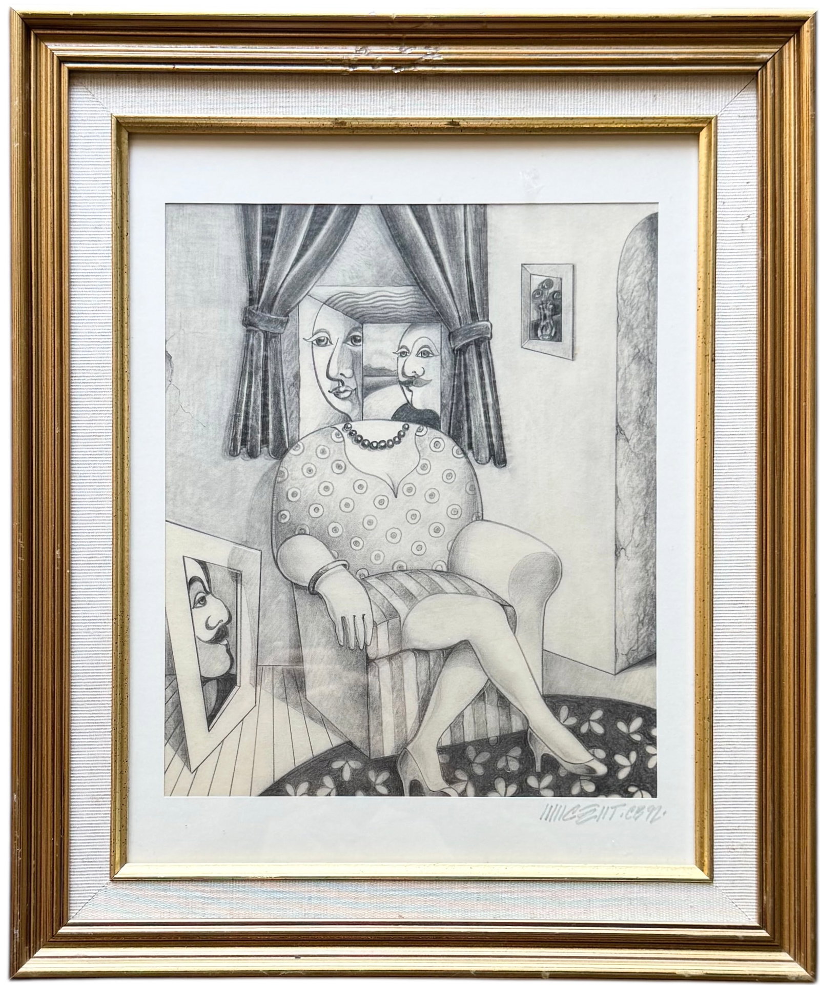 VINCENTE NOTARILE (20th c, American) Cubist Drawing: Graphite on paper 18 x 15 in (framed). Domestic Flat Shipping Price:$55