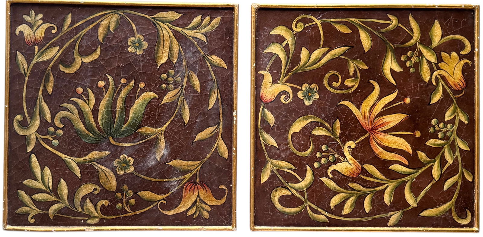 Pair Of Hand Painted Decorative Wood Floral Panels (1 of 2)