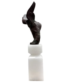 Contemporary Metal Winged Foot Sculpture On Stone Base 14"