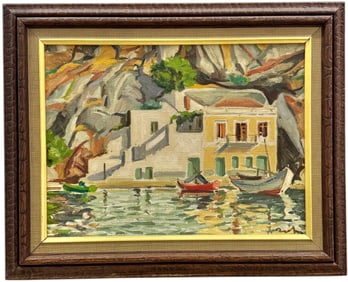 European School Modernist Harbor Scene Signed, Possibly Greek