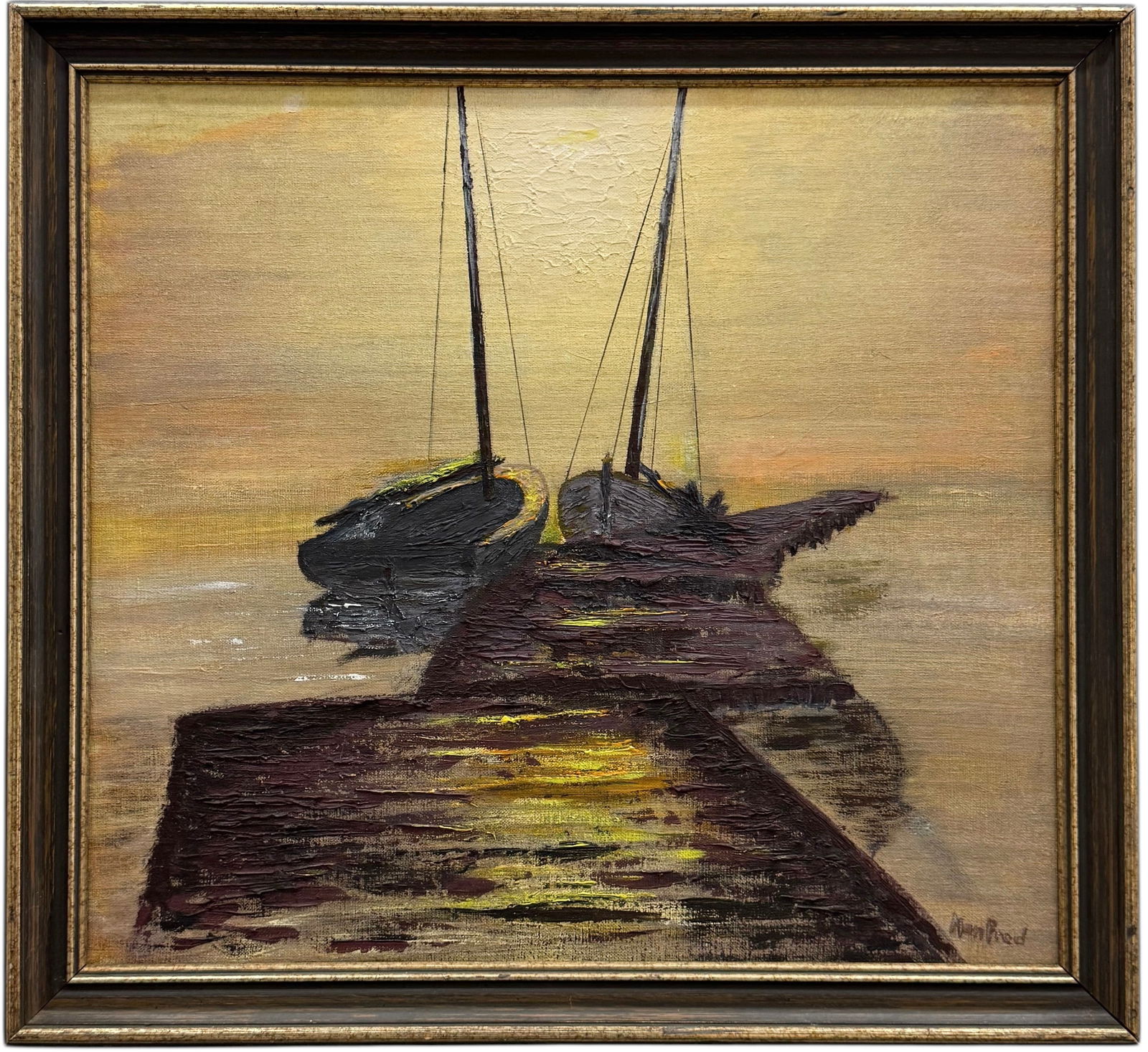American School Impressionist Tonalist Sailboats At Dock Signed Heavy Impasto (1 of 3)