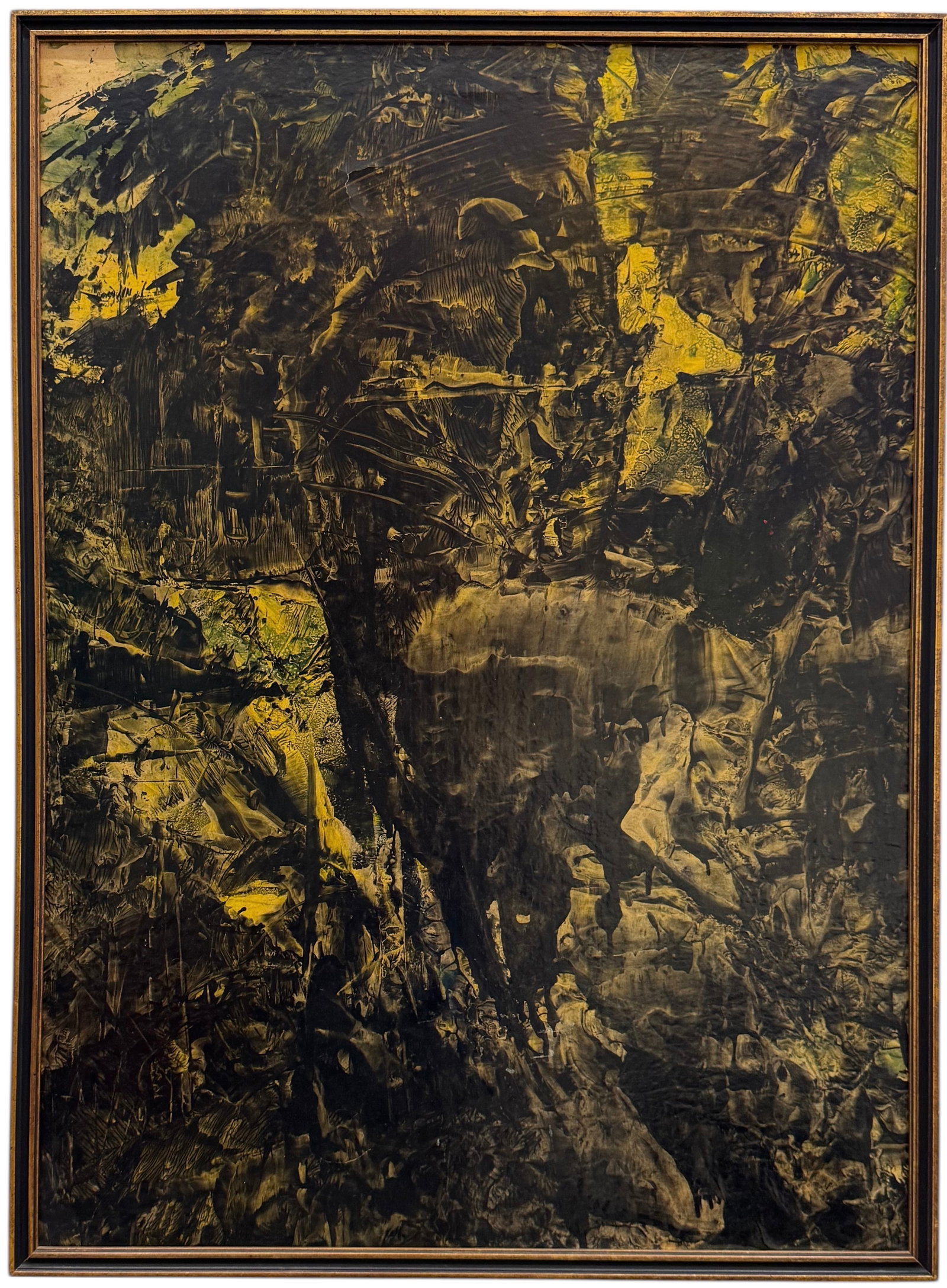 Vintage Nicely Framed Black & Gold Abstract Expressionist Oil On Canvas: 35 3/4 x 26 1/4 in (framed). Domestic Flat Shipping Price: $90