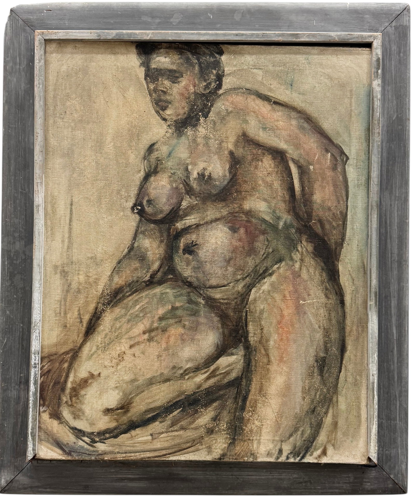 Mid-Century American School Grotesque Nude Black Portrait: Oil on canvas 30 x 24 in, 36.5 x 30 in (framed). Domestic Flat Shipping Price: $110