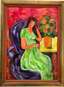 Latin American School Modernist Seated Woman With Flowers Signed