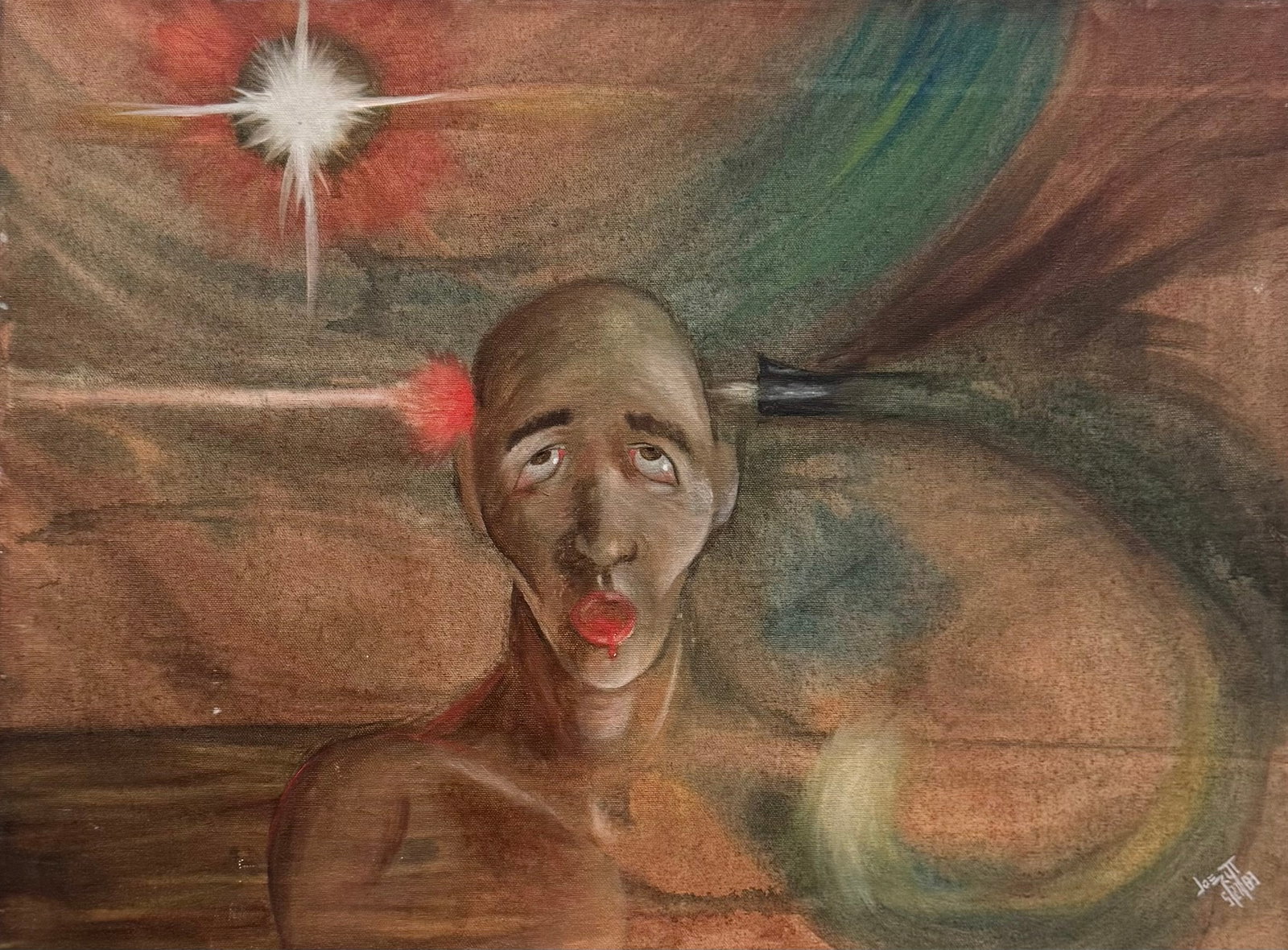 American School Dark Surrealist Figural Suicide Abstract: Oil on canvas 18 x 24 in. Domestic Flat Shipping Price: $55