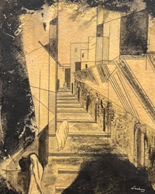 Mid-Century American Modernist Street Scene With Figures, Exhibited, Signed