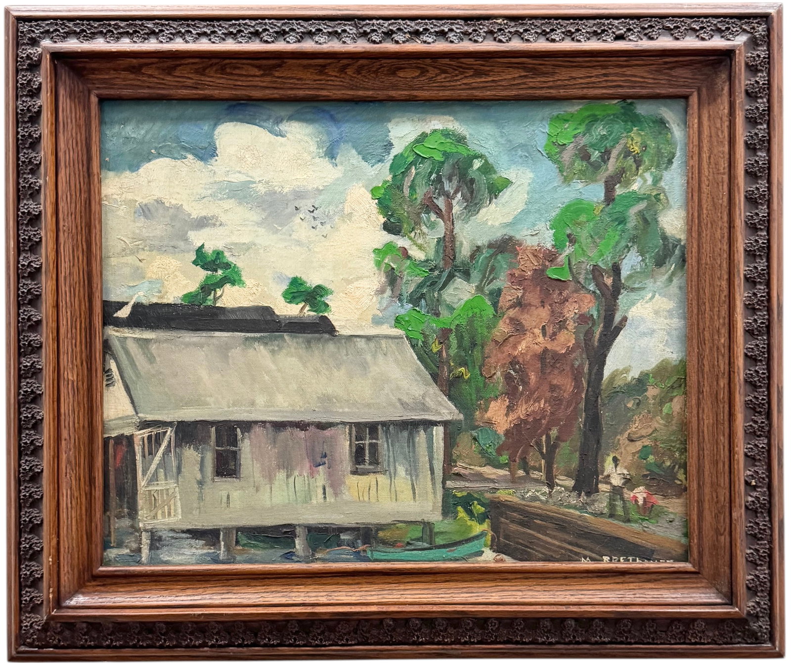 Early 20th Century American Southern School Signed Bayou Scene With House: Oil on board 20 x 16 in, 26.5 x 21.5 in (framed). Domestic Flat Shipping Price: $70
