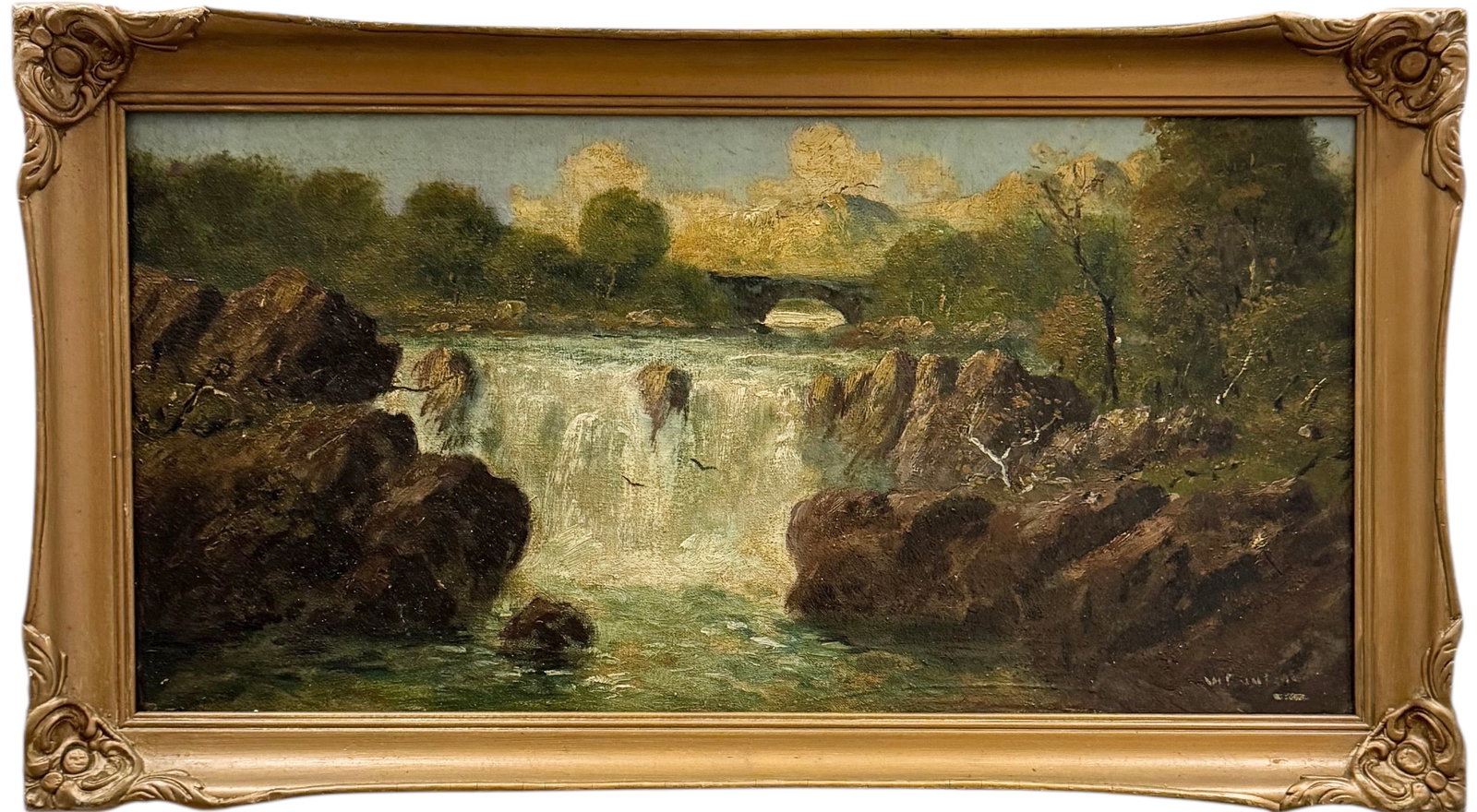 Hudson River School Landscape With Waterfall Faded Signature: Oil on board measuring American size 24 x 12 in, 27 x 15 in (framed). Domestic Flat Shipping Price: $60