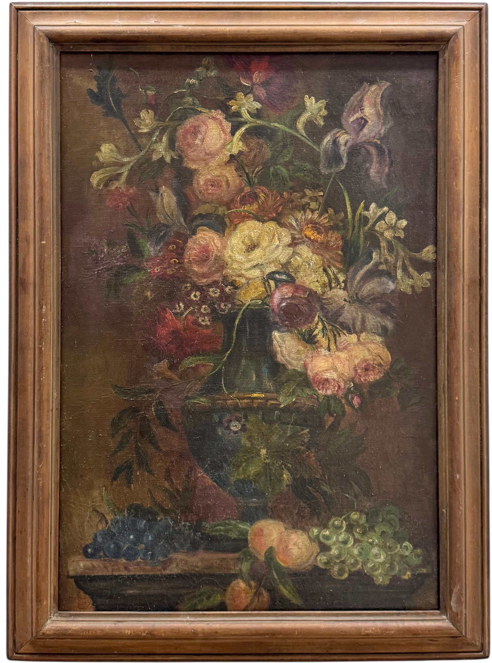 19th Century European School Still Life Of Flowers Oil Painting: Appears unsigned. Oil painting on canvas 29 1/4 x 20 in, 33 1/4 x 24 1/2 in (framed). Domestic Flat Shipping Price: $110