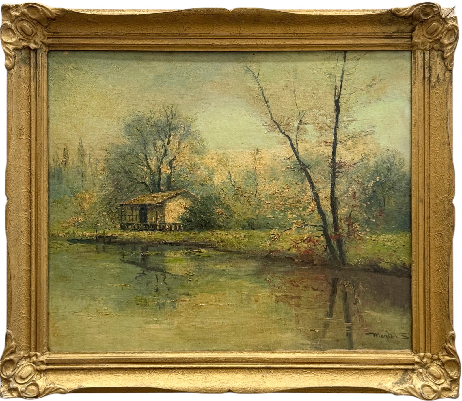 Early 20th Century American Southern School Louisiana Bayou Landscape: Oil on canvas 23 1/2 x 19 1/2 in, 28 1/2 x 24 1/4 in (framed). Domestic Flat Shipping Price: $80