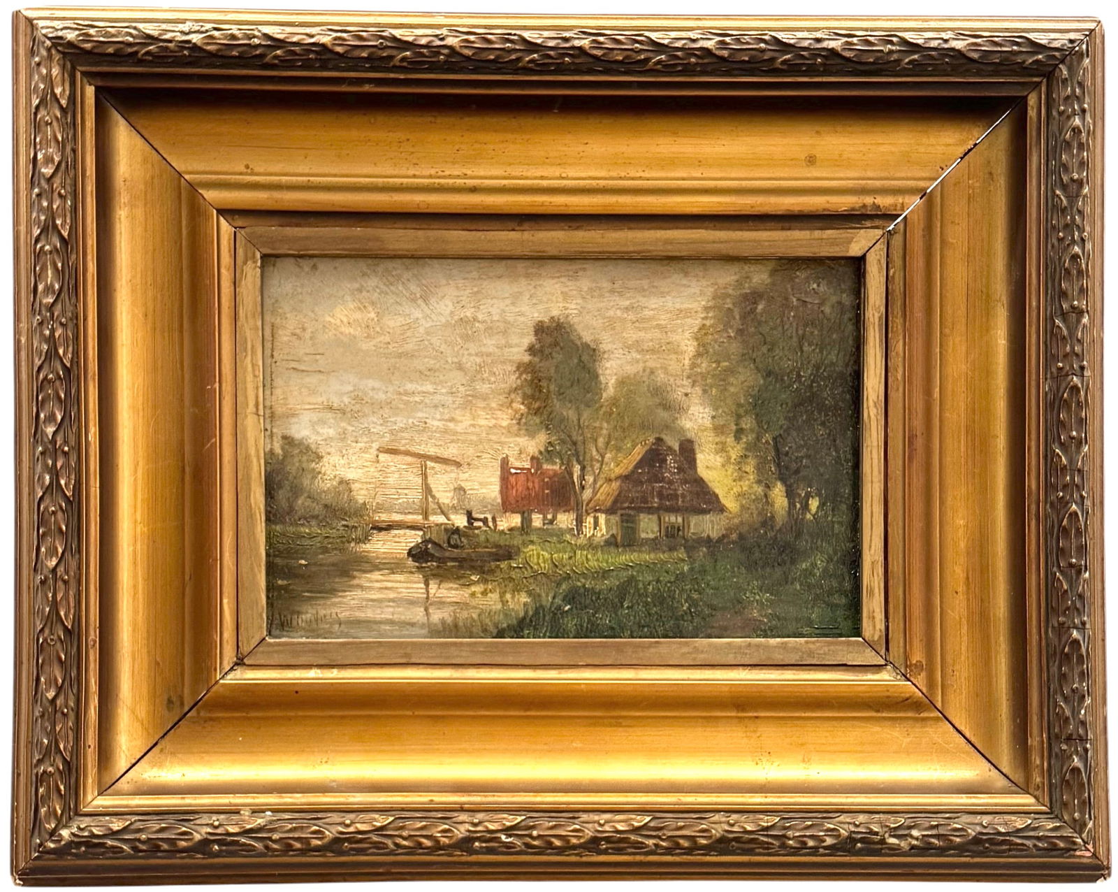 Dutch School Impressionist River Landscape Amsterdam Import Stamp Signed Illegibly: Oil on board 7 x 7 7/8 in, 11 1/2 x 9 1/2 in (framed). Domestic Flat Shipping Price: $45