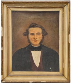 19th Century American School Folk Art Portrait Of A Handsome Gentleman