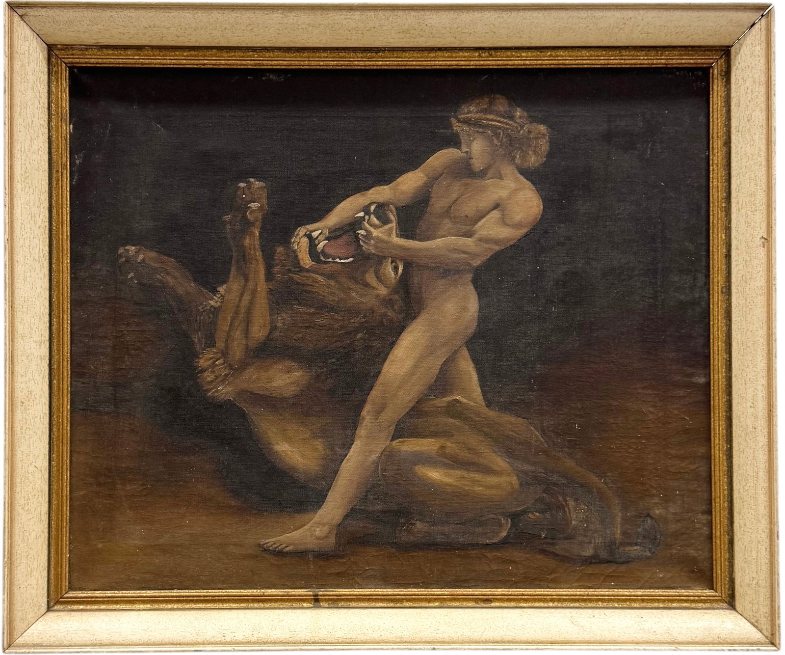 Early 20th Century Greco Roman Nude Male Wresting Lion Oil Painting: Oil painting on canvas 22 x 18 in, 25 x 21 in (framed). Domestic Flat Shipping Price: $90