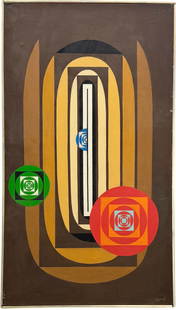 LEO WILLIAM QUANCHI (1892-1974, American) Mid-Century Geometric Abstract: Oil painting on canvas 50 x 28 in. Fair Lawn, New Jersey Artist. Domestic Flat Shipping Price: $140